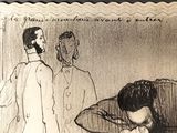 a drawing of a man with his head in his hands