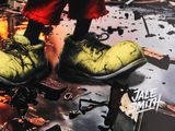 a poster of a pair of yellow shoes on the ground
