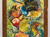 une image représentant une peinture d'une femme et d'un coq sur fond vert