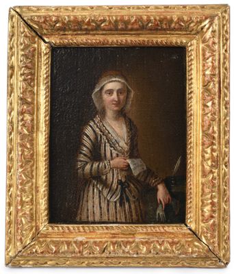 un tableau représentant une femme en robe dorée tenant un couteau