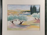 une peinture à l'huile représentant un paysage avec des arbres et un plan d'eau