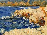 an oil painting of a rocky coast with waves crashing against the rocks