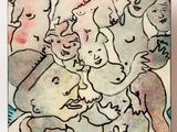 painting of a group of people in a crowd of elephants