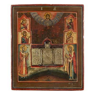 un vieux tableau représentant une église avec une croix sur l'autel