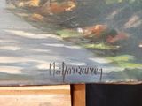 a painting on a easel with a picture of a river in the background