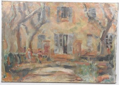 une peinture à l'huile représentant une maison devant laquelle se trouve un arbre