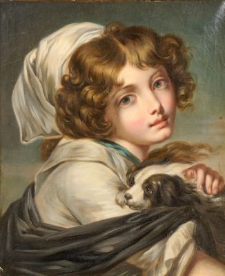 painting of a young girl holding a dog in her arms