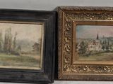 deux tableaux encadrés représentant un paysage avec une église au loin