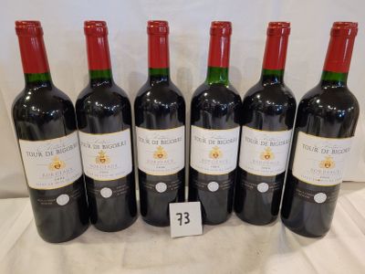 six bottles of red wine are lined up on a table