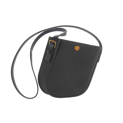 a black purse with a leather strap and a gold buckle