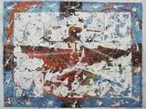 peinture abstraite représentant un oiseau sur fond bleu, dans des tons de rouge, blanc et bleu
