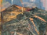an oil painting of a mountain with a sky and clouds in the background