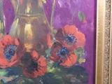 painting of a vase with flowers and a pitcher on a purple background