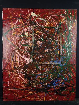 abstract painting of red, green, blue, and yellow lines on a black background