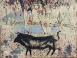 un tableau représentant un homme et une vache dans un champ
