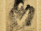 an old drawing of a man holding a dog in his arms
