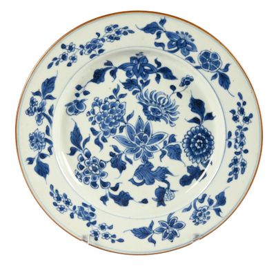 assiette bleue et blanche ornée de fleurs et d'oiseaux sur fond blanc
