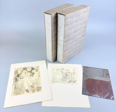three books with drawings on them sitting on top of a table