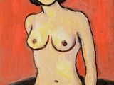 une image représentant un tableau où l'on voit une femme nue debout devant un mur rouge