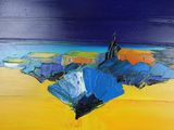 an abstract painting of a beach scene with blue and yellow colors