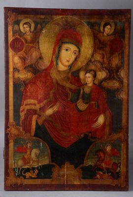 une peinture ancienne représentant une femme tenant un enfant dans ses bras