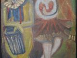 painting of a clown and a woman dressed in costumes