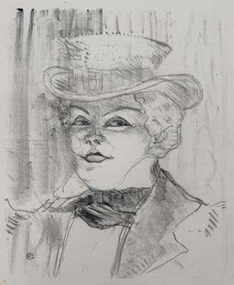 pencil drawing of a woman with a hat and tie smoking a cigarette