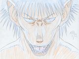 dessin représentant un personnage d'anime masculin, la bouche ouverte et les dents bien visibles