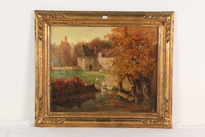 une peinture à l'huile représentant un paysage avec une maison à l'arrière-plan