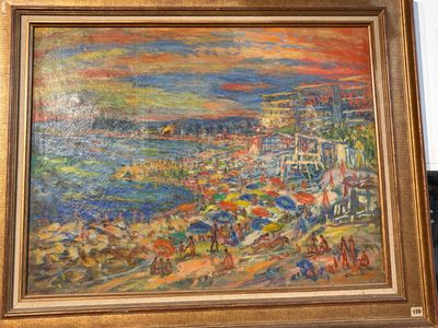 une image d'une peinture d'une ville au bord de l'eau