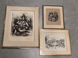 three framed pictures of a man and a woman sitting on a bench