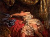 a painting of a woman laying on a bed next to a man