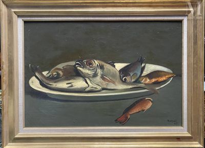 une peinture représentant un poisson sur une assiette sur laquelle se trouve un poisson