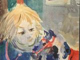 a painting of a child and a dog in a room