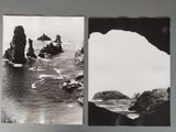 two black and white photos of a rocky coast