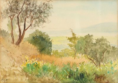 a watercolor painting of a field with trees in the background