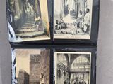 four old black and white photos of people in an old building