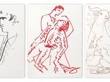 trois dessins représentant un homme et une femme debout l'un à côté de l'autre