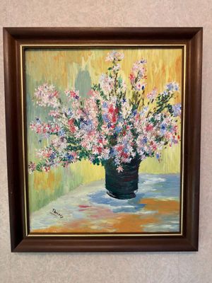a painting of flowers in a vase on a table
