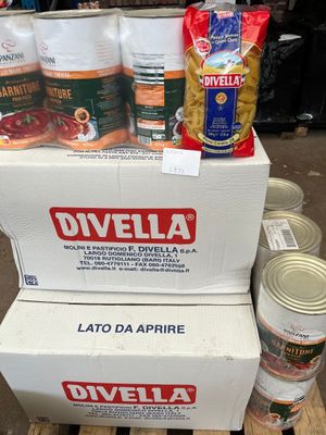 several boxes of food are stacked on top of a pallet