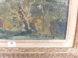an oil painting of a tree in a wooded area with a bird perched on a branch