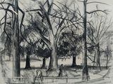dessin au crayon représentant une scène de parc avec des arbres et un banc