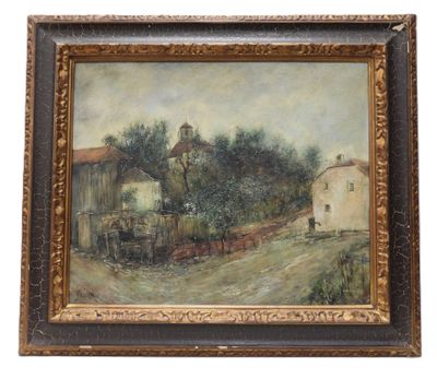 une peinture à l'huile représentant une scène de village avec un train qui passe