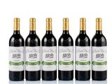 six bottles of red wine lined up in a row