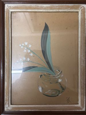 tableau représentant un vase en verre contenant des fleurs, posé sur une table