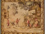 an image of a tapestry with a painting of a village scene on it