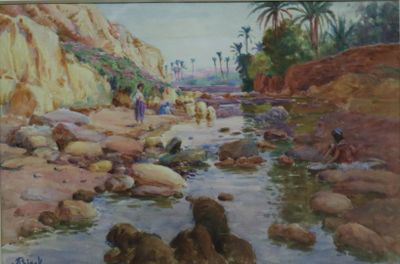 un tableau représentant des personnes et des animaux au bord de l'eau