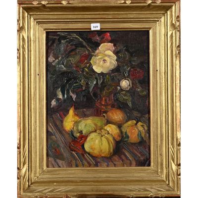 tableau représentant une nature morte composée de fruits et de fleurs, dans un cadre doré
