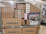 a cart that has many boxes on it in a warehouse