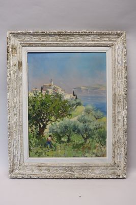 une peinture à l'huile représentant la vue d'une petite ville située sur une colline